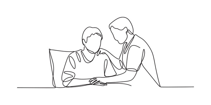 Continuous line drawing of a caring nurse comforting a sick patient sitting in a hospital bed showing empathy support and kindness in a medical setting Vector, illustration