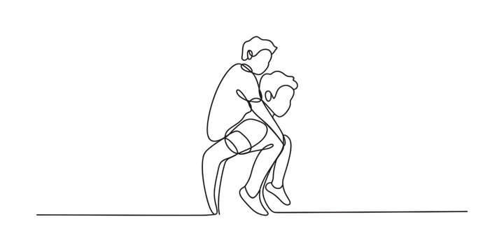 Continuous single line drawing of a big brother giving a piggyback ride to his little brother playing together in a happy and fun childhood moment concept Vector, illustration