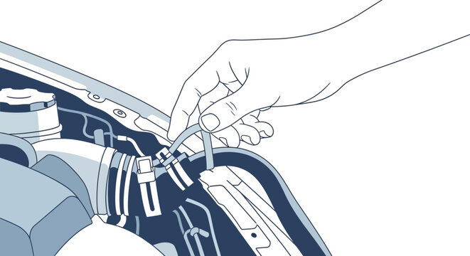 Hand checking car engine oil level dipstick, automotive maintenance concept illustration
