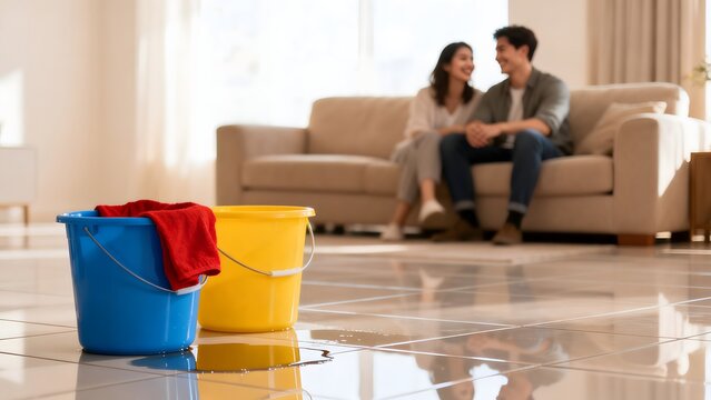 Couple relaxing with cleaning buckets in living room