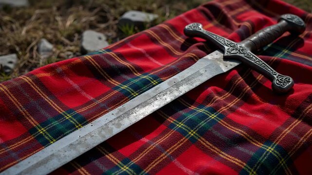 A long-bladed, vintage sword rests atop a vibrant tartan patterned fabric