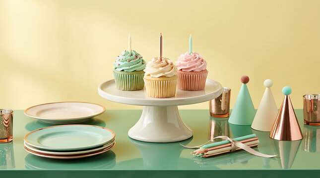 Colorful cupcakes and pastel desserts displayed on a white pedes