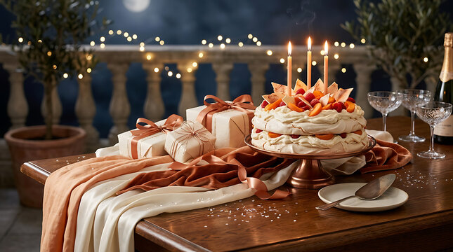 Festive celebration table setting with tiered cake and wrapped g