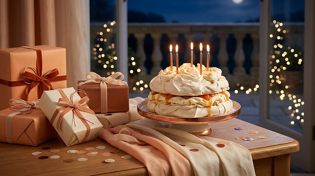 Assorted gifts and a celebratory dessert on a table with warm li