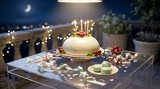 Festive birthday celebration table with candles and fresh berrie