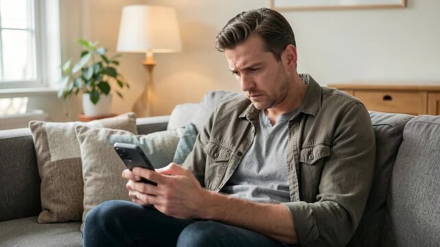 A man dressed casually is focused on his phone, deeply engaged in whatever he's viewing or reading. He appears to be indoors, likely in a relaxed setting such as a living room.