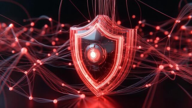 A luminous cyber shield with bright core shown in glowing digital style on a dark backdrop, symbolizing strong data protection