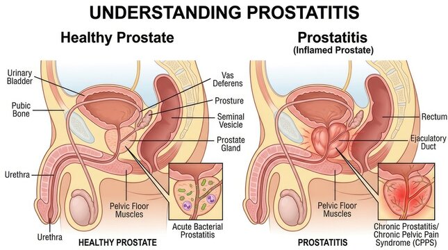Glandular comparative pathology: male anatomy, prostate condition, zonal morphology, organ inflammation, bladder urethra, pelvic structure, infection process, medical visualization, body ailment.