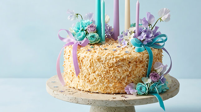 Pastel tiered celebration cake with floral decorations and ribbo