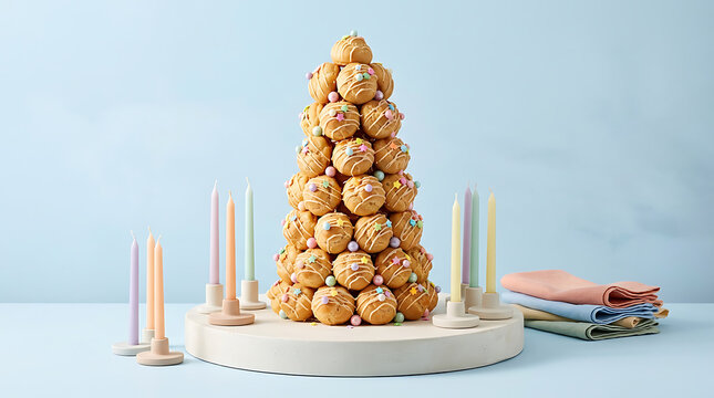 Pile of colorful cookies arranged on a white plate with lit cand