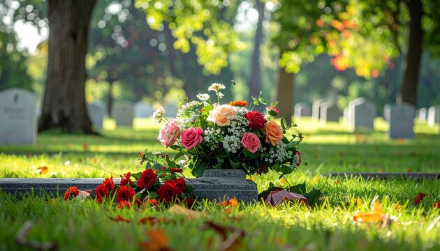 Beautiful colorful floral bouquet placed on a grave in a peaceful cemetery during a sunny afternoon with soft golden light in the background.