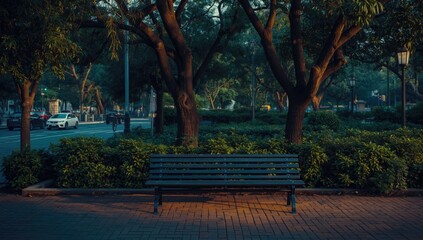 Fototapeta premium Serene park bench scene with rich urban greenery and clear text area