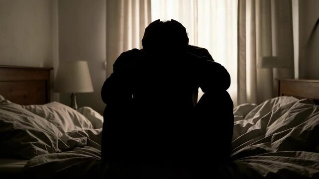 A mysterious silhouette sits on a bed, shrouded by darkness.