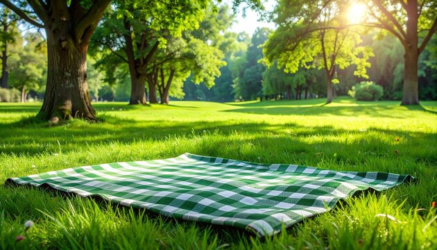A picturesque picnic blanket spread out on a vibrant green grassy field in a peaceful park setting during a beautiful sunny summer day.