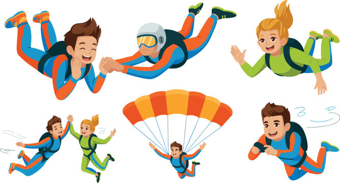 Extreme Skydiving and Parachuting Character Set with Divers Freefalling Floating and Flying with Parachute for Adventure Sports Designs

