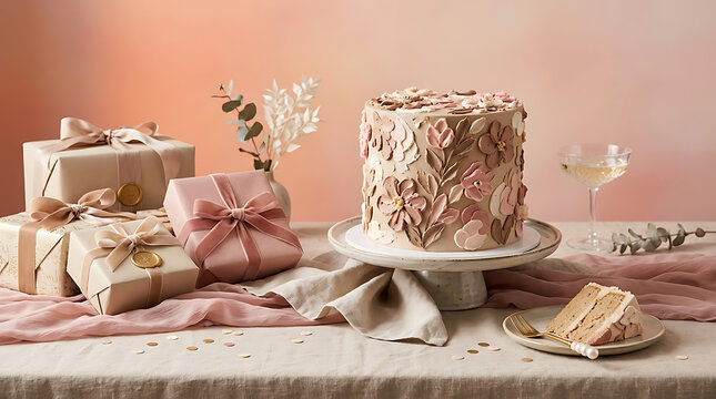 Elegant tiered cake and gift wrapping arrangement on a table wit
