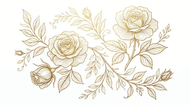 Set of gold line art rose flowers and leaves