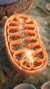 Mitochondrion, cellular organelle generating biochemical energy, complex internal structure driving vital metabolic process, converting organic nutrient into power, essential biological function.