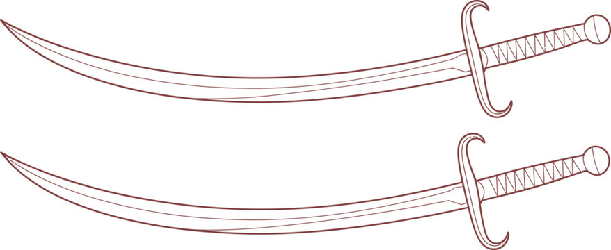 Red, curved swords, scimitars or cutlasses, vector illustrations, medieval, pirate weapons, sword icons