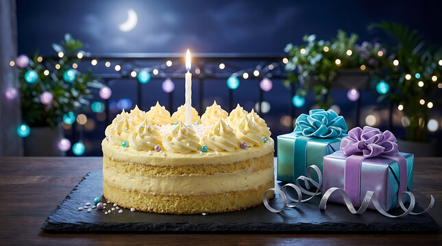 Layered cake with cream frosting and festive string lights