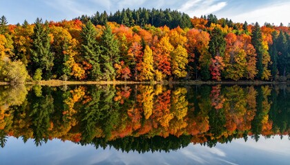 Obraz premium A stunning autumn landscape featuring vibrant fall foliage reflecting on the calm surface of a serene lake under a bright blue morning sky.