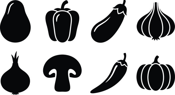 Vegetable Silhouette Icon Collection with Fresh Produce and Garden Crops