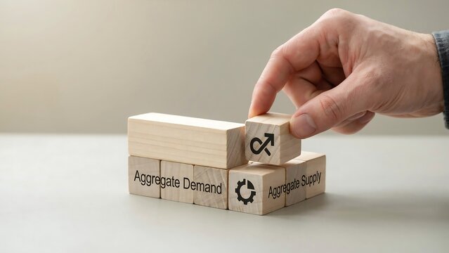 Hand adjusting wooden blocks labeled aggregate demand and supply
