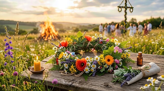 Summer solstice celebration, litha midsummer festival, features a wildflower wreath, people dancing, large outdoor bonfire, warm evening sunset, traditional event June 21.