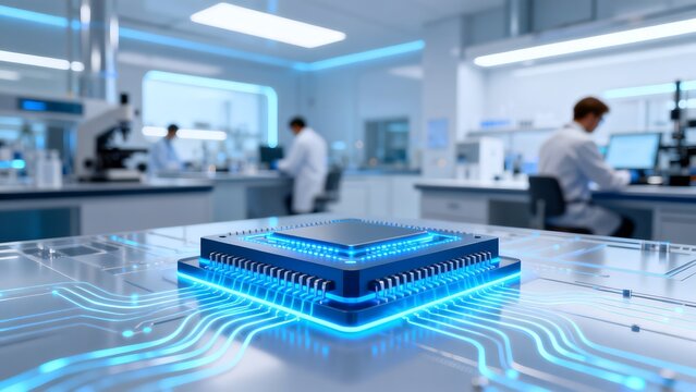 Closeup of a glowing computer chip in a lab