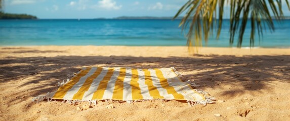 Obraz premium Relaxing summer scene featuring striped yellow and white beach towel on sandy beach with palm shadows by blue water