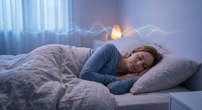 Peaceful young woman sleeping in bed with glowing digital sound waves visualizing audio therapy for deep relaxation