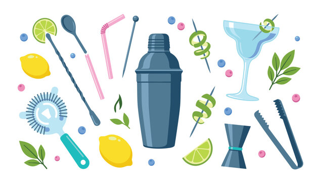Cocktail bartending tools and ingredients vector set. Shaker, margarita glass, jigger, strainer, ice tongs, lemon, lime and berries.
