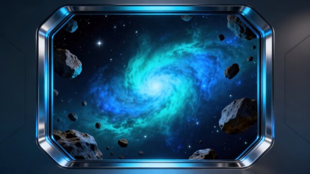 Space window view with galaxy and asteroids