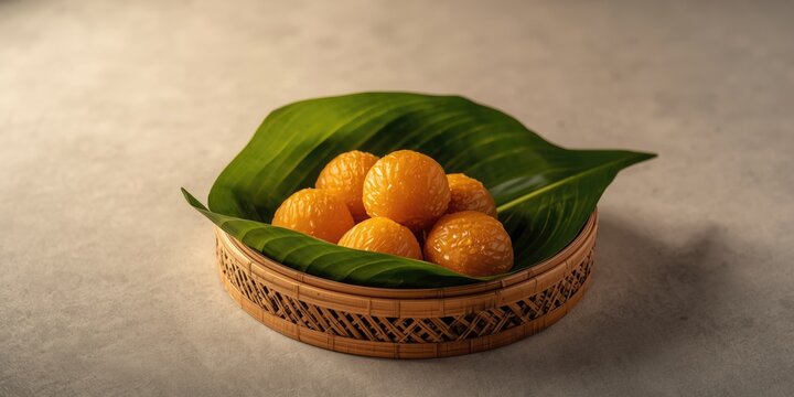 Indonesian Dodol sweet delicacy displayed on bamboo serving tray with green leaf
