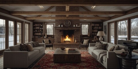 Obraz premium Cozy living room with a fireplace and bookshelves