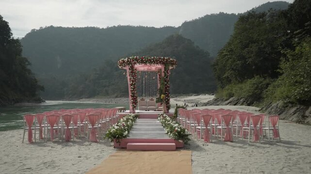 Luxury Beach Side Wedding Decoration Setup with Ocean View, Floral Mandap, Elegant Ceremony Design, and Romantic Destination Wedding Atmosphere
