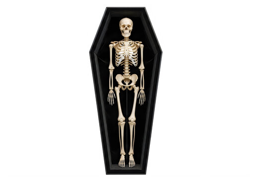 Life-sized anatomical skeleton in a black coffin display isolated on white background