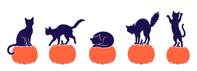 Obraz premium Set of halloween black cats on pumpkins vector illustration
