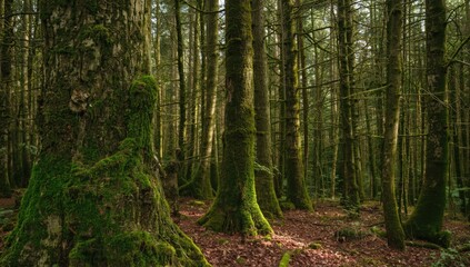 Fototapeta premium Moss-covered trees in a dense forest setting