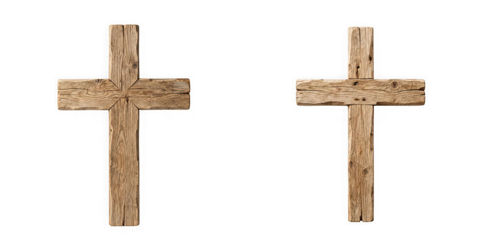 Two rustic wooden crosses isolated on transparent background