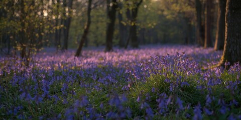 Obraz premium Wild bluebells thriving in a tranquil forest during spring sundown