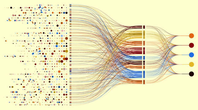 Vector Data Processing Pipeline Visualization with Multicolor Network Flow Diagram