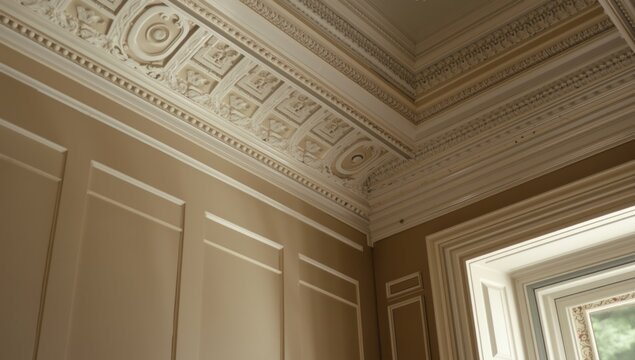 White crown molding and ceiling cornice creating classic ceiling decor