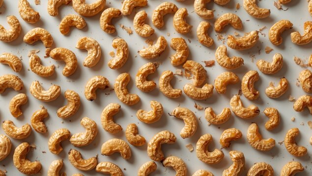 Overhead capture of roasted cashew nuts on immaculate white surface highlighting full depth of field and clipping path