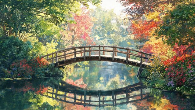 Wooden bridge over calm river in autumn forest