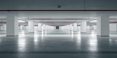 Naklejka premium Empty underground parking garage with white walls and columns