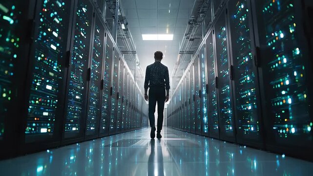 Person walking through illuminated data center aisle