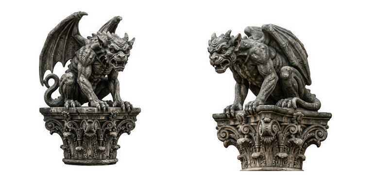 Two stone gargoyle statues perched on ornate columns isolated on transparent background