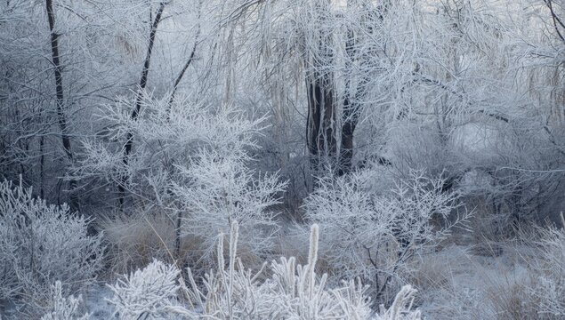 Frost-covered trees and bushes in a winter landscape
