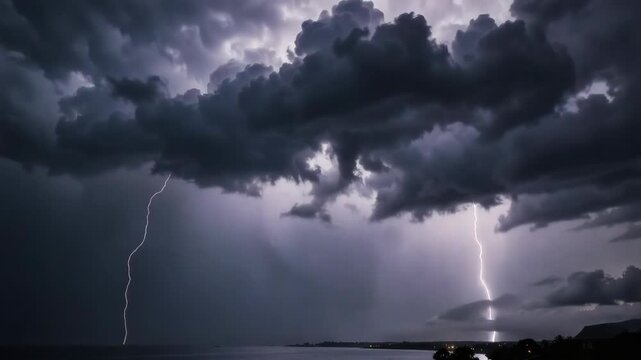 Dark storm clouds and lightning bolts illuminating the sky at night.